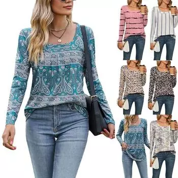 Летняя женская свободная футболка с длинными рукавами и квадратным воротником с принтом S