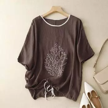 Летняя женская свободная футболка с круглым вырезом и вышивкой в стиле ретро