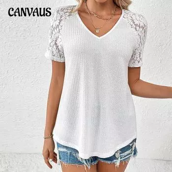 Летняя женская свободная футболка с полым кружевом и v-образным вырезом, топы с короткими рукавами S чёрный