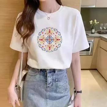 Летняя женская свободная футболка в национальном модном стиле с коротким рукавом, хлопковая базовая рубашка M