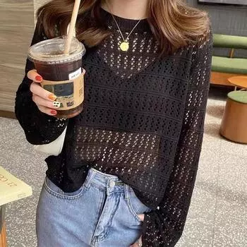 Летняя женская свободная круглая горловина ажурная вязка крючком с длинным рукавом верхняя трикотажная толстовка Sunbreaker One Size чёрный