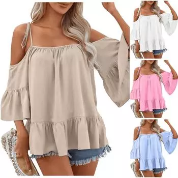 Летняя женская свободная милая блузка с рюшами и завязками на плечах и рукавами 3/4 XL красный