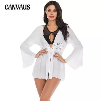 Летняя женская свободная рубашка от солнца с полым галстуком на талии, купальный костюм, верхняя одежда, куртка, пляжное бикини, накидка One Size белый