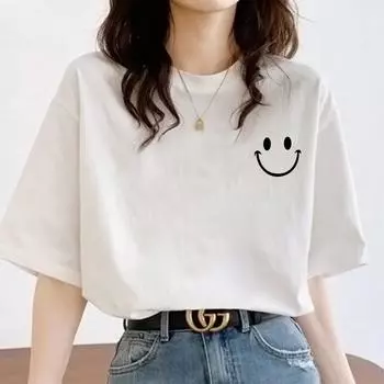 Летняя женская свободная женская футболка из чистого хлопка с коротким рукавом, топ с круглым вырезом и принтом, женская нижняя рубашка S