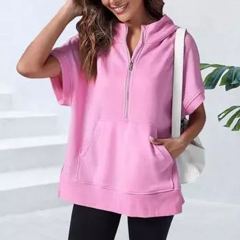 Летняя женская толстовка с капюшоном на молнии с короткими рукавами, однотонный пуловер, свободный повседневный пуловер с карманом M серый