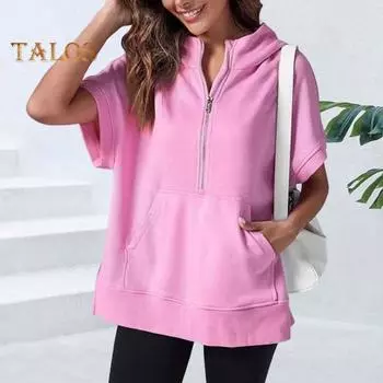 Летняя женская толстовка с капюшоном на полумолнии с короткими рукавами, однотонный пуловер, свободный с карманом, повседневная одежда, школьный спортивный пуловер, верхняя женская одежда M серый