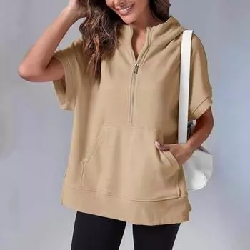 Летняя женская толстовка с капюшоном на полумолнии с короткими рукавами, однотонный пуловер, свободный с карманом, повседневная одежда, школьный спортивный пуловер, верхняя женская одежда XL розовый