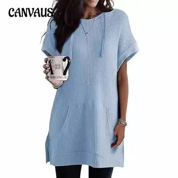 Летняя женская толстовка с капюшоном вафельной вязки с разрезом по бокам и карманной футболкой S белый