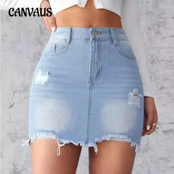 Летняя женская тонкая джинсовая юбка с рваными отверстиями, полуюбка трапециевидной формы с необработанными краями
