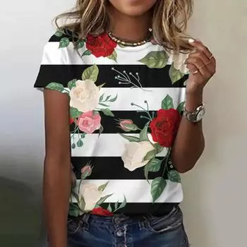Летняя женская трендовая футболка с 3D-принтом, цветочные полосатые топы, футболки, женская модная одежда с коротким рукавом, повседневный стильный наряд S