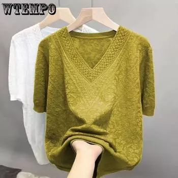 Летняя женская трикотажная футболка Ice Silk Hollow Hook Flower Knitted Sweater Looks Slim V-образный вырез футболка Топ S