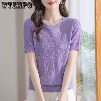 Летняя женская трикотажная футболка с круглым вырезом в западном стиле, женская свободная футболка Mom Base T-shirt Top S фиолетовый