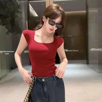 Летняя женская трикотажная футболка с квадратным вырезом и короткими рукавами 2025: Острый Слимминг Базовый Топ Small красный