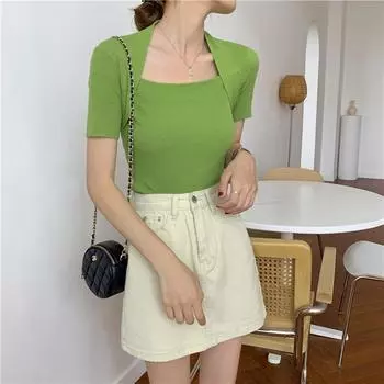 Летняя женская трикотажная футболка с квадратным вырезом, верхняя рубашка с коротким рукавом, тонкая облегающая нижняя часть с висячими плечами, сплошной цвет One Size бежевый