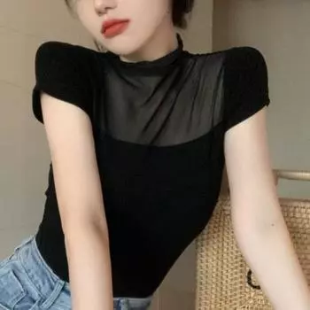 Летняя женская трикотажная футболка с сетчатым висячим воротником и небольшим жилетом с полувысоким воротником, женская уличная одежда, модные женские топы M чёрный