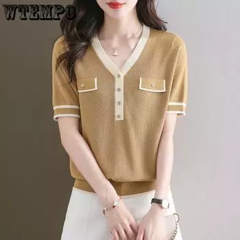 Летняя женская трикотажная футболка с V-образным вырезом, свободный вид, утягивающий топ с цветными блоками, женская трикотажная рубашка S чёрный