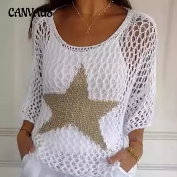 Летняя женская трикотажная одежда больших размеров с круглым вырезом и пятью звездами, элегантные топы с семью рукавами и кондиционером S белый