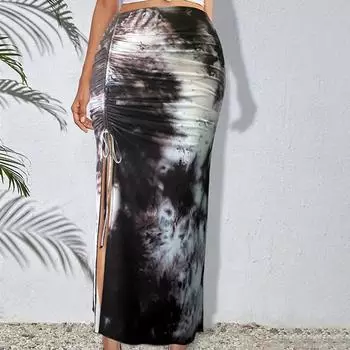 Летняя женская трикотажная юбка до половины тела с разрезом на шнурке и принтом тай-дай S чёрный