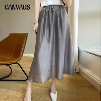 Летняя женская юбка, атласная модная однотонная юбка с высокой талией, универсальная юбка средней длины, полуюбка средней длины M