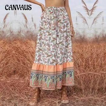Летняя женская юбка Этническая юбка с разрезом Тонкая юбка с цветочным принтом и поясом S белый