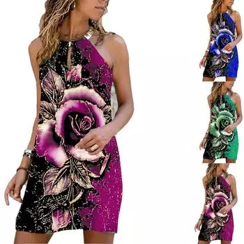 Летняя женская юбка-миди без рукавов с цветочным принтом и розой, женская дышащая повседневная майка с короткими рукавами, платье размера плюс XS-8XL S синий