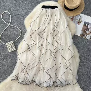 Летняя женская юбка-миди из сетки с французским элегантным волнистым узором и оборками One Size абрикосовый