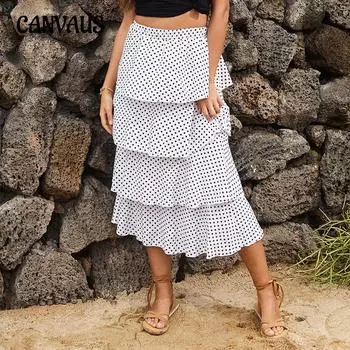 Летняя женская юбка, модная юбка средней длины в горошек с лямкой на шее, длинная юбка S