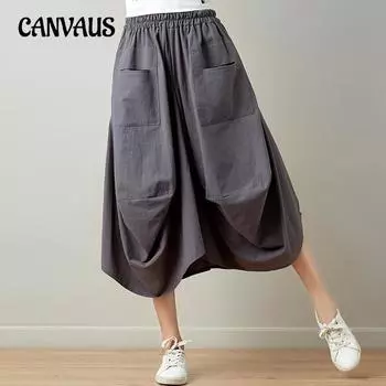 Летняя женская юбка, однотонная хлопково-льняная юбка средней длины, свободная юбка-фонарь больших размеров с эластичной резинкой на талии One Size бордовый