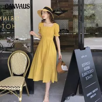 Летняя женская юбка, однотонное, милое, облегающее талию, тонкое, темпераментное, элегантное, с квадратным вырезом, платье 4XL чёрный