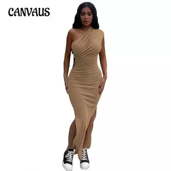 Летняя женская юбка, однотонное сексуальное плиссированное платье с косыми плечами, тонкое длинное платье с разрезом S хаки