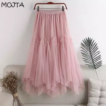 Летняя женская юбка-пачка MOJTA, большая распашная юбка, сетчатая эластичная юбка трапециевидной формы средней длины с высокой талией one size розовый