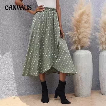 Летняя женская юбка с лямкой на шее, юбка с разрезом, модная зеленая нерегулярная юбка с лямкой в горошек S светло-зеленый