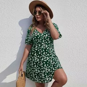 Летняя женская юбка с v-образным вырезом и коротким рукавом с цветочным принтом, темпераментное модное праздничное платье размера плюс, тонкое праздничное пляжное короткое платье XL зелёный
