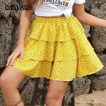 Летняя женская юбка с желтым цветочным принтом, элегантная темпераментная юбка с лямкой на шее, короткая юбка S
