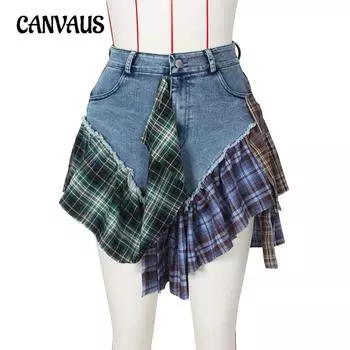 Летняя женская юбка, сексуальная нерегулярная клетчатая джинсовая короткая юбка S
