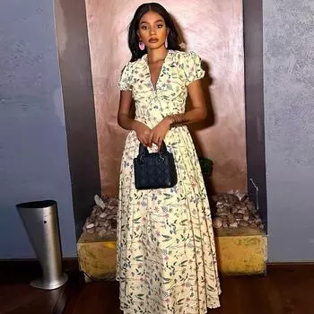 Летняя женская юбка темперамент цветочное платье с V-образным вырезом большое свободное платье женщины S абрикосовый