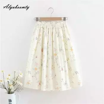 Летняя женская юбка трапециевидного силуэта в японском стиле с эластичной резинкой на талии, хлопковые милые юбки с абрикосовым цветочным принтом, женские юбки S