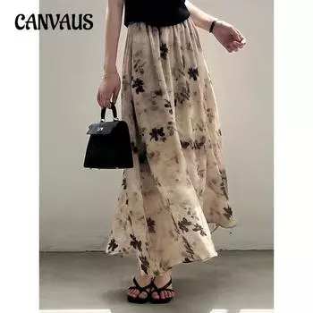 Летняя женская юбка, винтажная китайская юбка с принтом чернильного гало, длинная юбка с эластичной резинкой на талии M