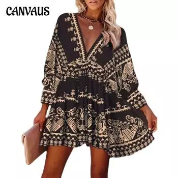 Летняя женская юбка, винтажное свободное повседневное платье с v-образным вырезом и длинными рукавами S чёрный