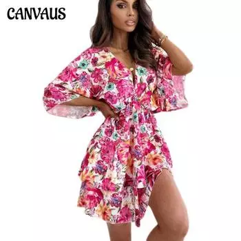 Летняя женская юбка, женское повседневное платье большого размера с глубоким V-образным вырезом и короткими рукавами с закрытой талией S розовый