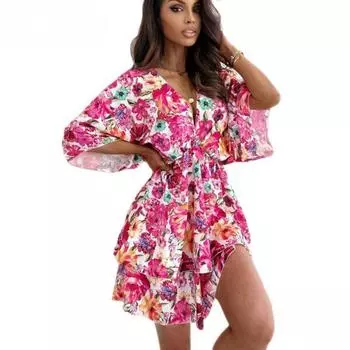 Летняя женская юбка, женское повседневное платье большого размера с глубоким V-образным вырезом и короткими рукавами с закрытой талией S розовый