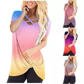 Летняя женская удобная свободная туника с боковым узлом C и воротником с коротким рукавом XL