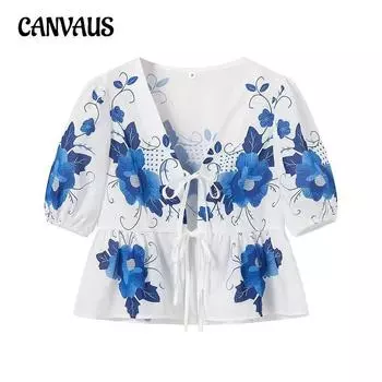 Летняя женская уличная мода с V-образным вырезом и принтом на шнуровке с коротким рукавом S синий