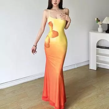 Летняя женская уличная мода сексуальное длинное платье с бретелькой через шею S жёлтый