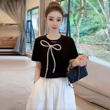 Летняя женская уличная одежда из хлопка с ромбами, окантовкой, бантом, кисточками, тонкая футболка, женские топы, футболка с короткими рукавами XXL белый