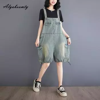 Летняя женская уличная одежда, светло-голубые джинсовые комбинезоны из стираного хлопка, однотонные повседневные свободные комбинезоны, винтажные тонкие широкие шорты, комбинезоны M