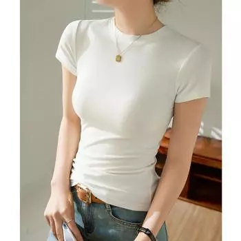 Летняя женская универсальная тонкая футболка с круглым вырезом из высокоэластичного хлопка с короткими рукавами S чёрный