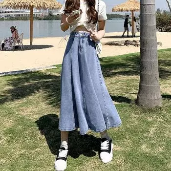 Летняя женская версия с высокой талией и складками-зонтиком, сумка трапециевидной формы, свободная посадка на бедрах, тонкая джинсовая юбка размера плюс