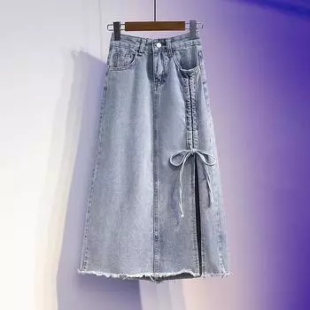 Летняя женская версия, сумка трапециевидной формы с высокой талией, свободная облегающая джинсовая юбка на бедрах, большие размеры 2XL