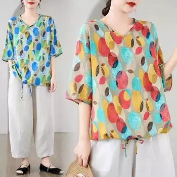 Летняя женская винтажная блузка в горошек с рукавами 3/4 и неровным подолом и круглым вырезом One Size синий